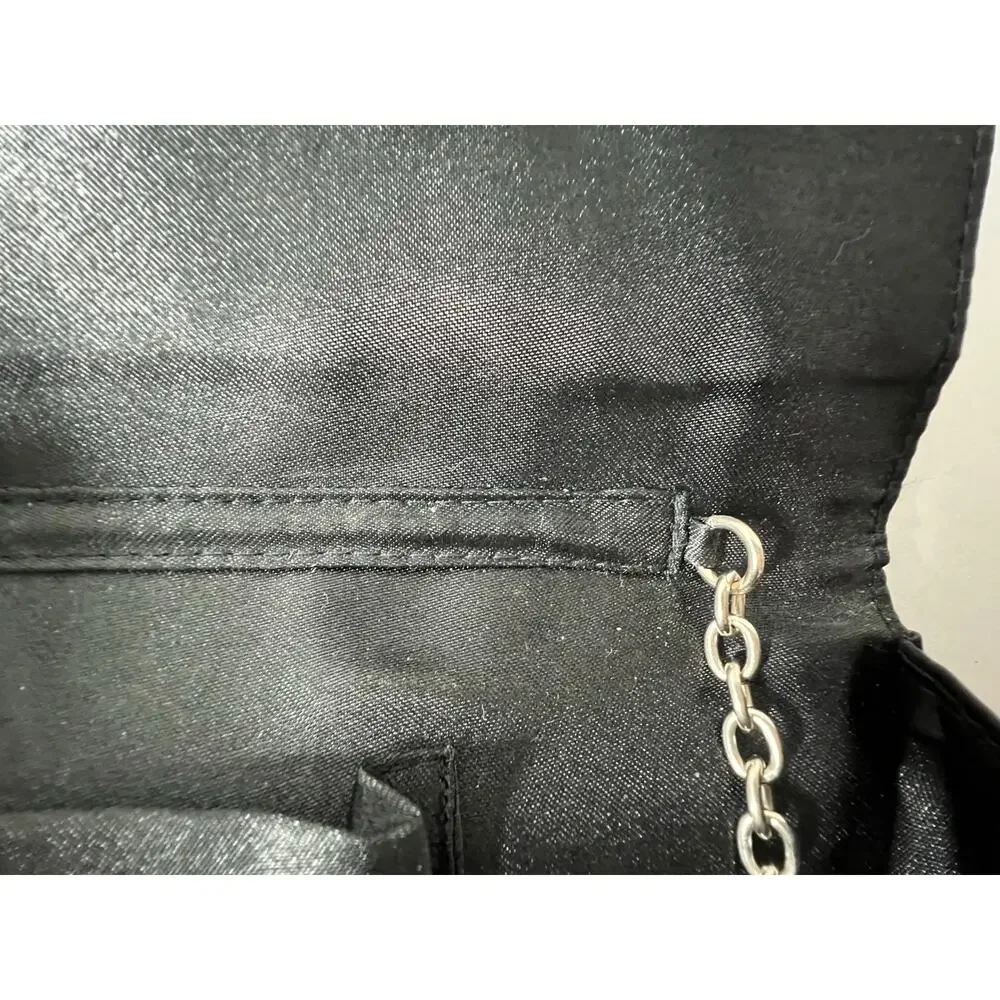 Aldo Formal Satin Clutch Shoulder Bag Black Pleated with Silver Chain